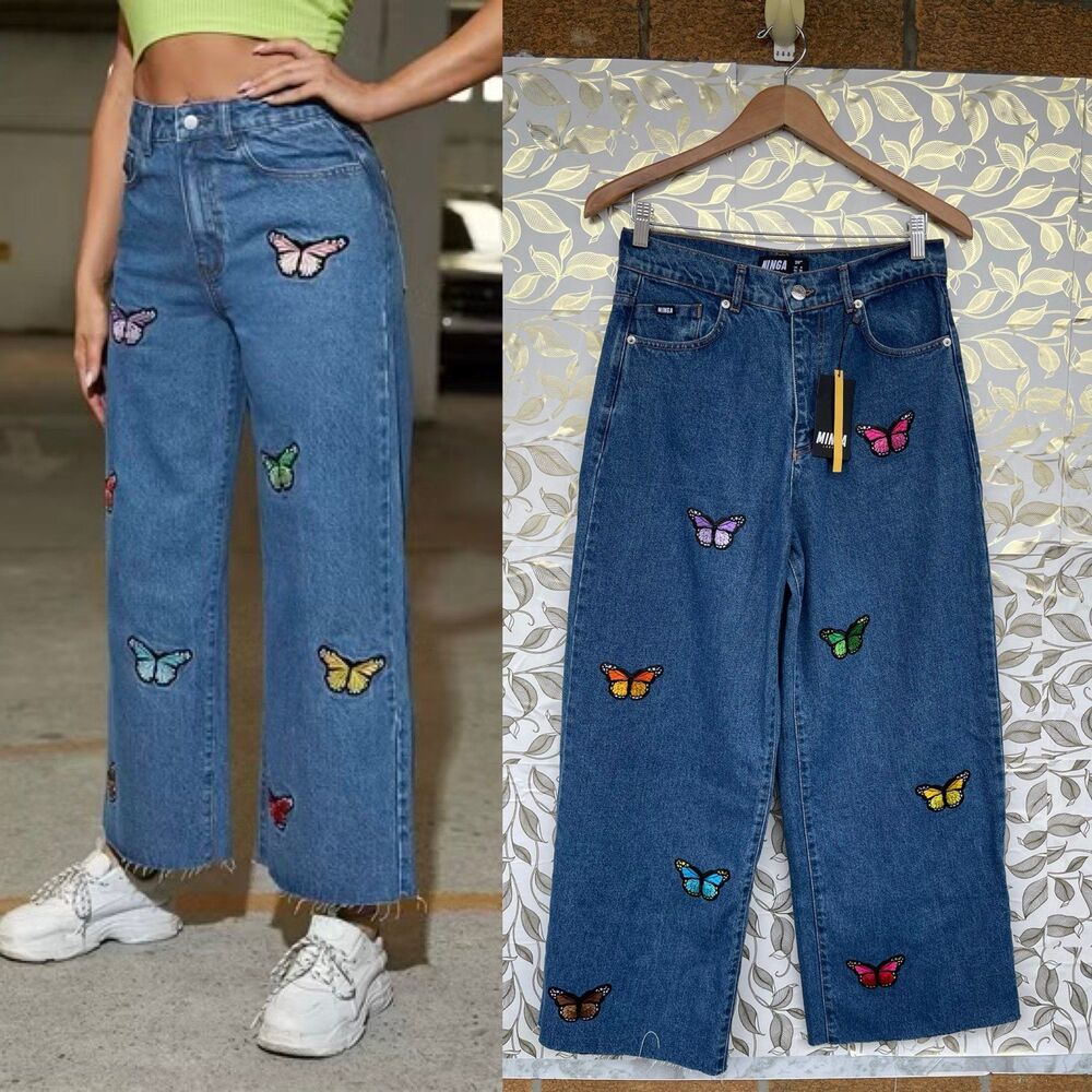 Minga London Butterfly Patch Wide Leg Skater Jeans Y2K Indie Aesthetic size 4